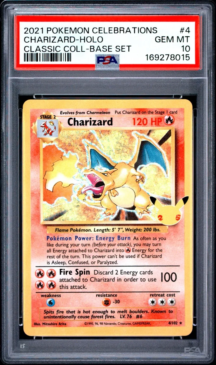 PSA 10 slab of the 2021 Celebrations Classic Collection Charizard, the Base Set reprint